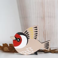 Gold finch wall or shelf decoration, miniature flying bird, British birds art.