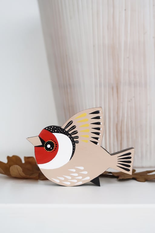 Gold finch wall or shelf decoration, miniature flying bird, British birds art.