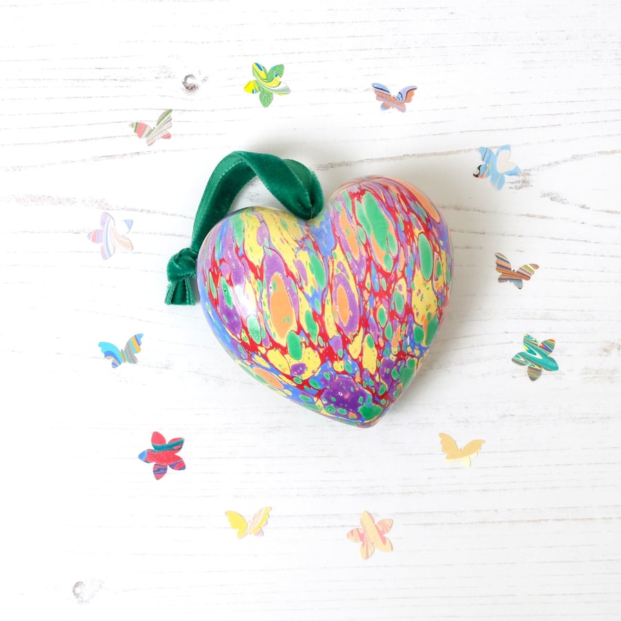 Rainbow marbled heart hanging ceramic decoration 