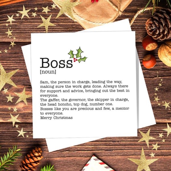 Boss Definition Christmas Card, Work Colleague Card, personalised, blank inside