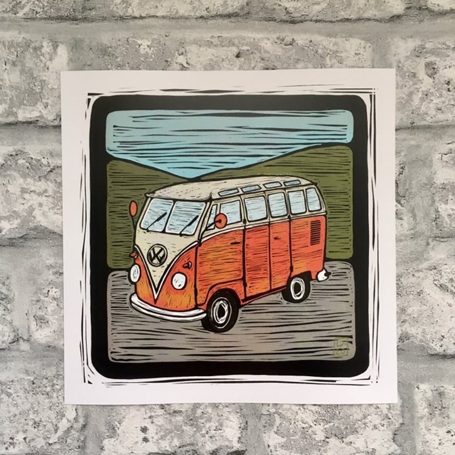 Art print illustration wall art Orange camper van 