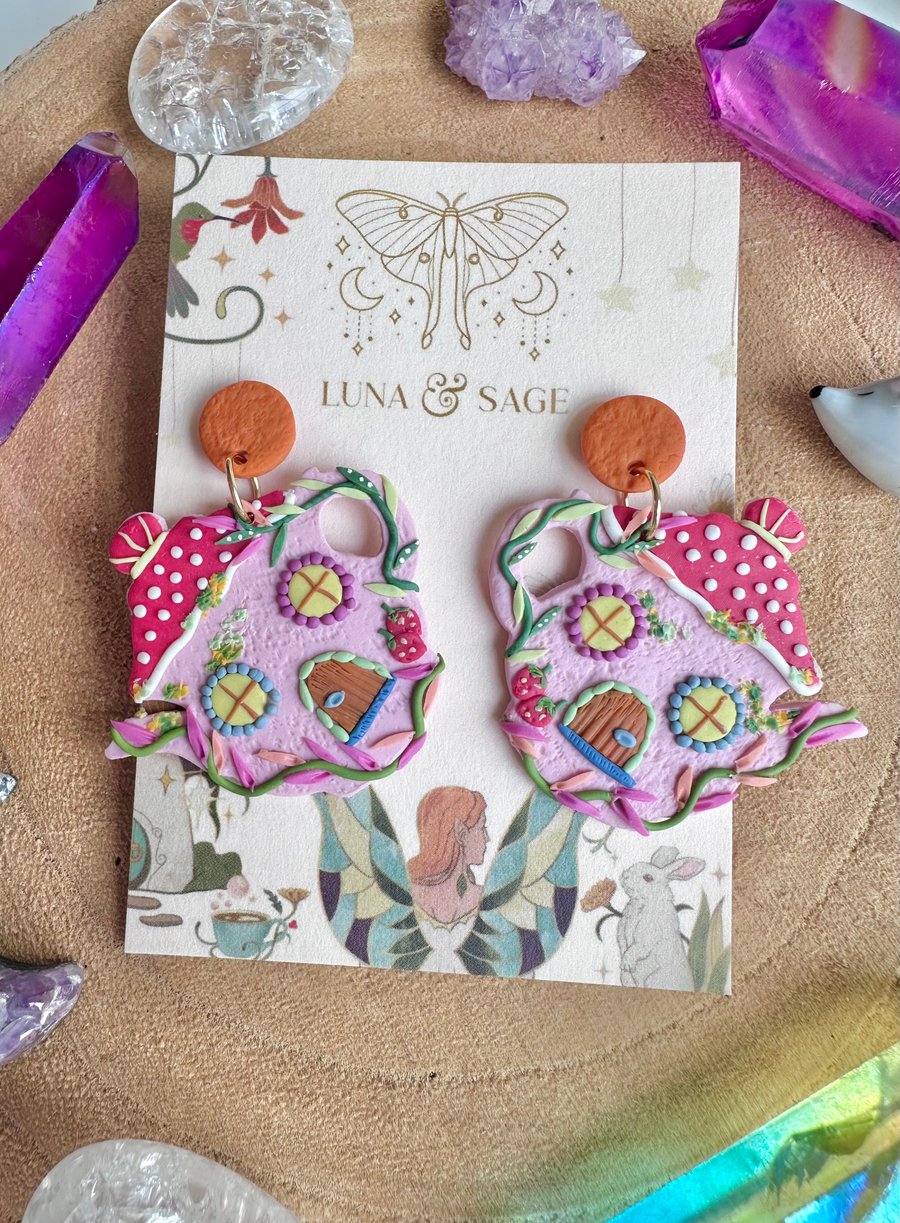 Teapot fairy mushroom house Polymer Clay earrings