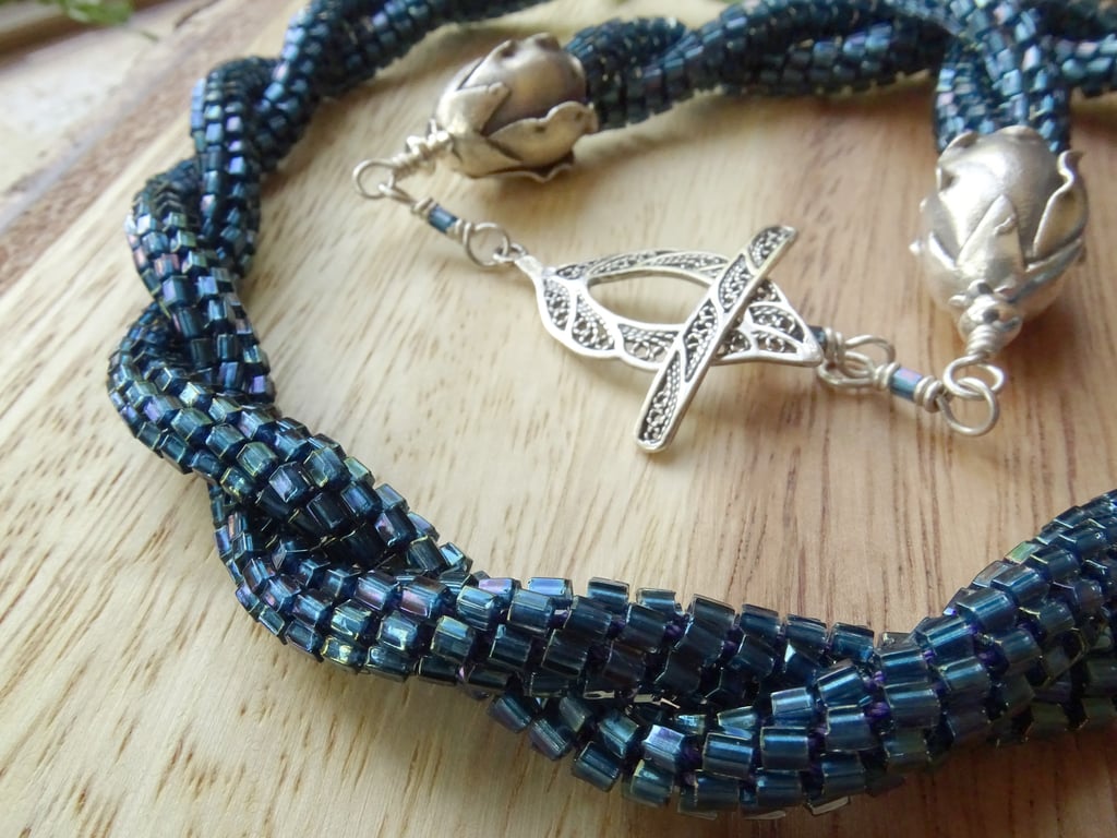 Midnight teal beaded necklace, unusual double spiral sterling silver jewellery