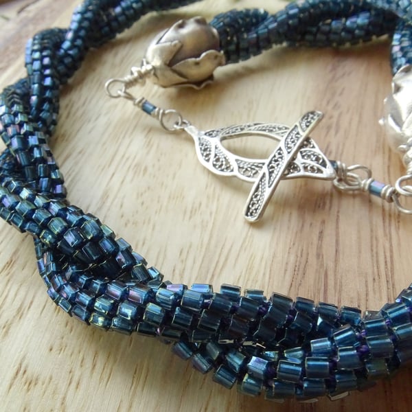 Midnight teal beaded necklace, unusual double spiral sterling silver jewellery