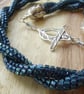 Midnight teal beaded necklace, unusual double spiral sterling silver jewellery - Image 1