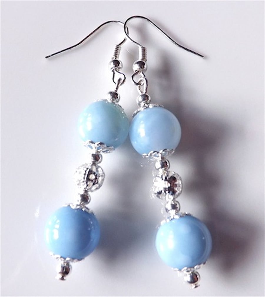 Earrings for pierced ears, exquisite blue agate gem stone dangle.