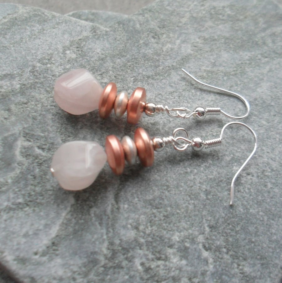 Rose Quartz and Coated Haematite Silver Plated  Earrings