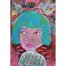 Quirky Girl Painting Naive Portrait Artwork Blue Pink Whimsical Outsider Art