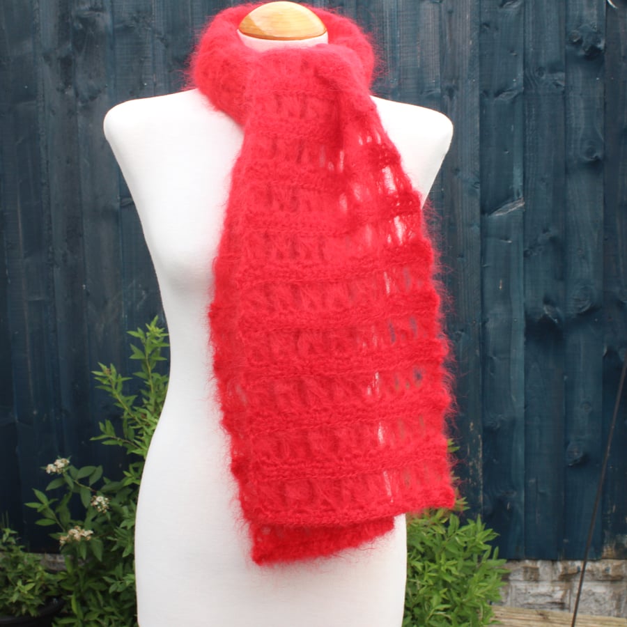 Crochet Broomstick Lace Scarf in Red Mohair