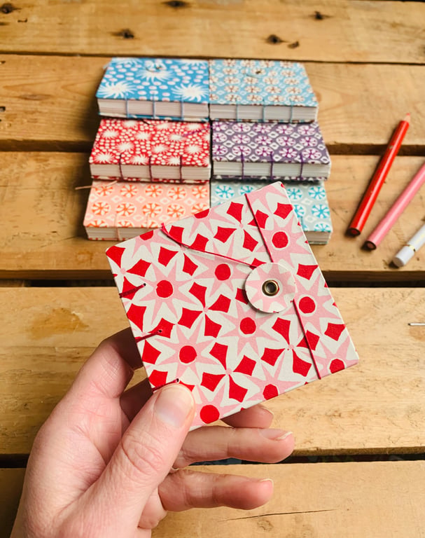 Mini Hand Bound Mixed Media Sketchbook with Button Closure. Red & Pink.