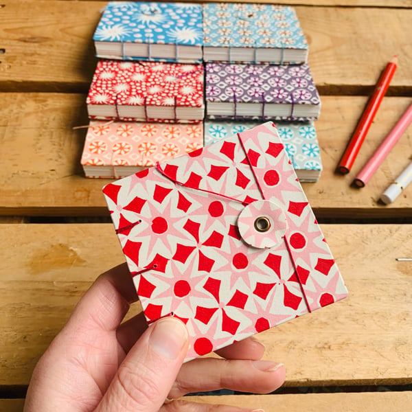 Mini Hand Bound Mixed Media Sketchbook with Button Closure. Red & Pink.