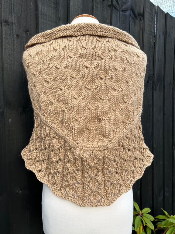 Soft merino wool rich camel brown bottom up textured & lace hand knitted shawl 