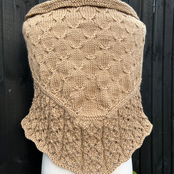 Soft merino wool rich camel brown bottom up textured & lace hand knitted shawl 