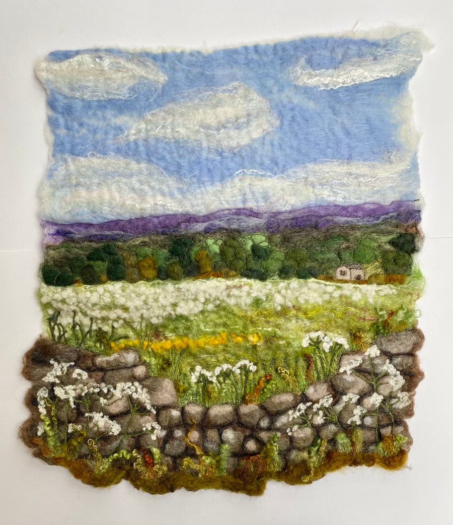 Meadow sweet field with dry stone wall original wet felting Artwork