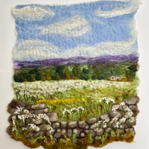 Meadow sweet field with dry stone wall original wet felting Artwork