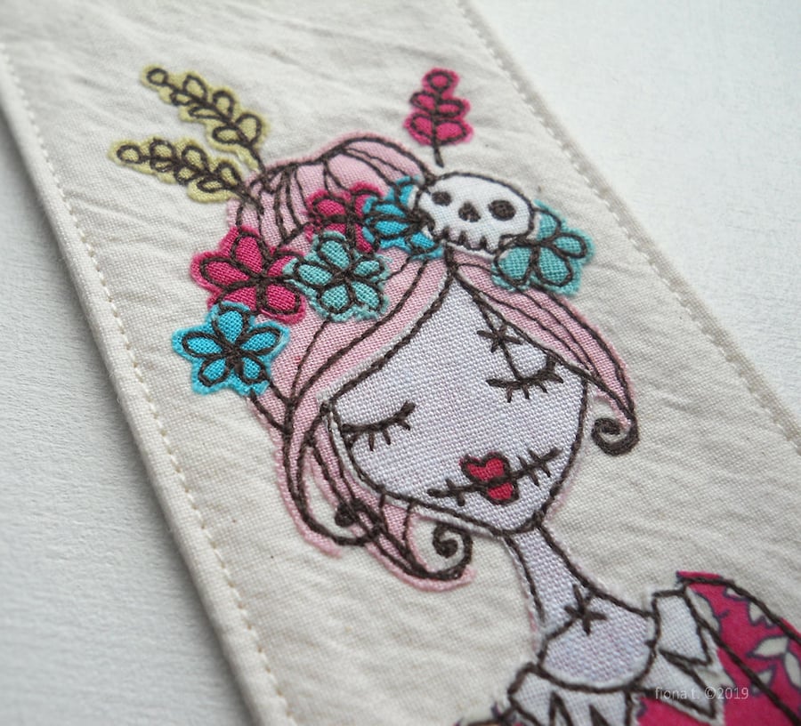 free motion embroidery fabric bookmark - pink floral zombie 