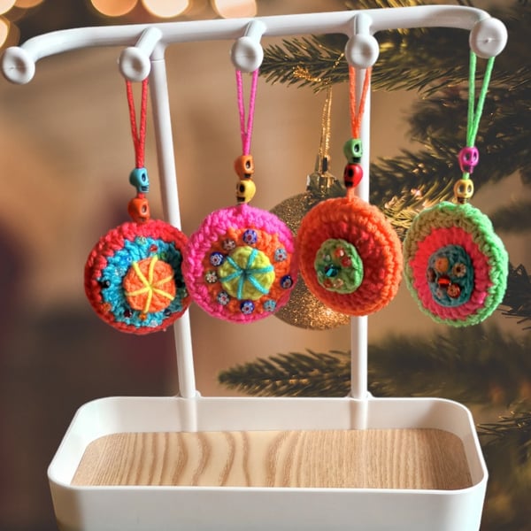 Colourful crochet boho Christmas tree decorations 