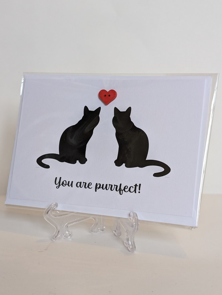 "You are purrfect" with cats and a red heart button greetings card 