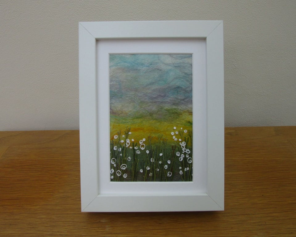 EMBROIDERED LANDSCAPE OF GOLDEN FIELDS.  Framed art  embroidery.
