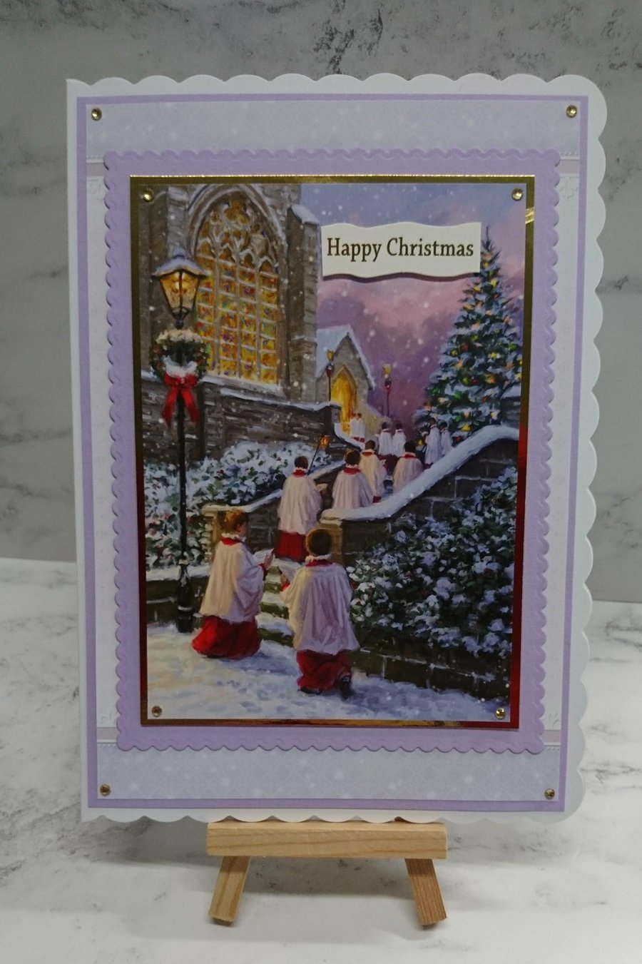 Handmade Christmas Card Church with Choir Boys and Christmas Tree