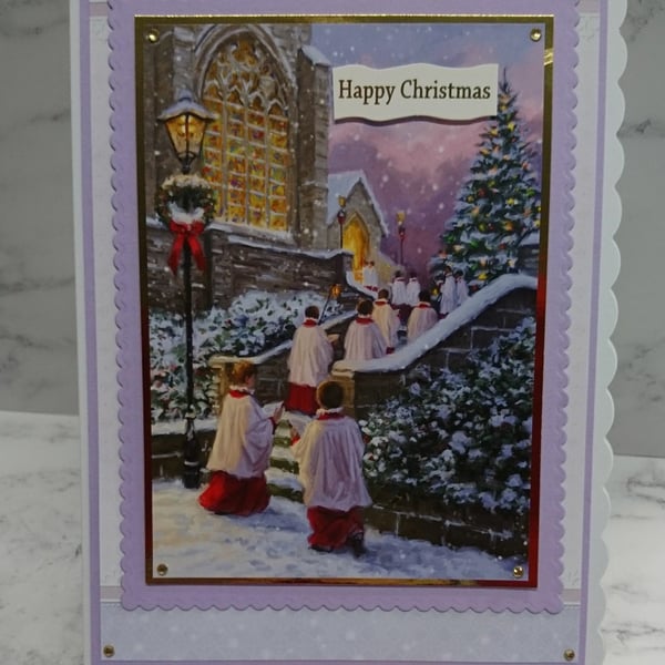 Handmade Christmas Card Church with Choir Boys and Christmas Tree