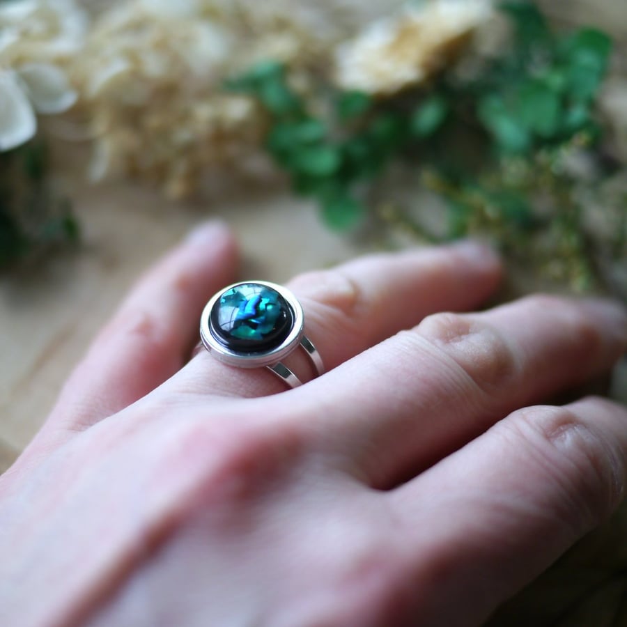 Resin and Abalone Shell adjustable Stainless Steel Silver Ring