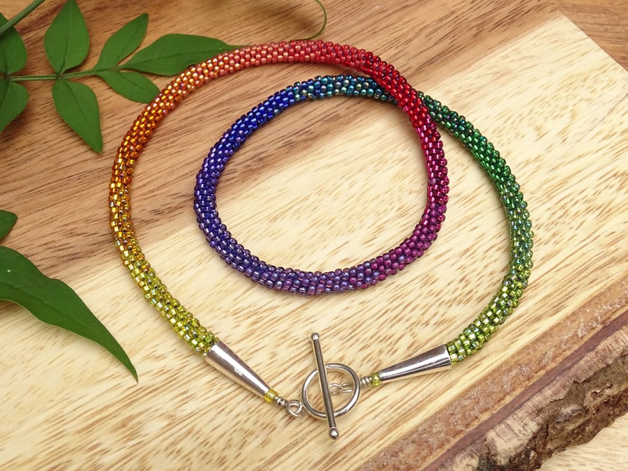 Rainbow necklace, ombré beaded rainbow jewellery, kumihimo beaded rainbow