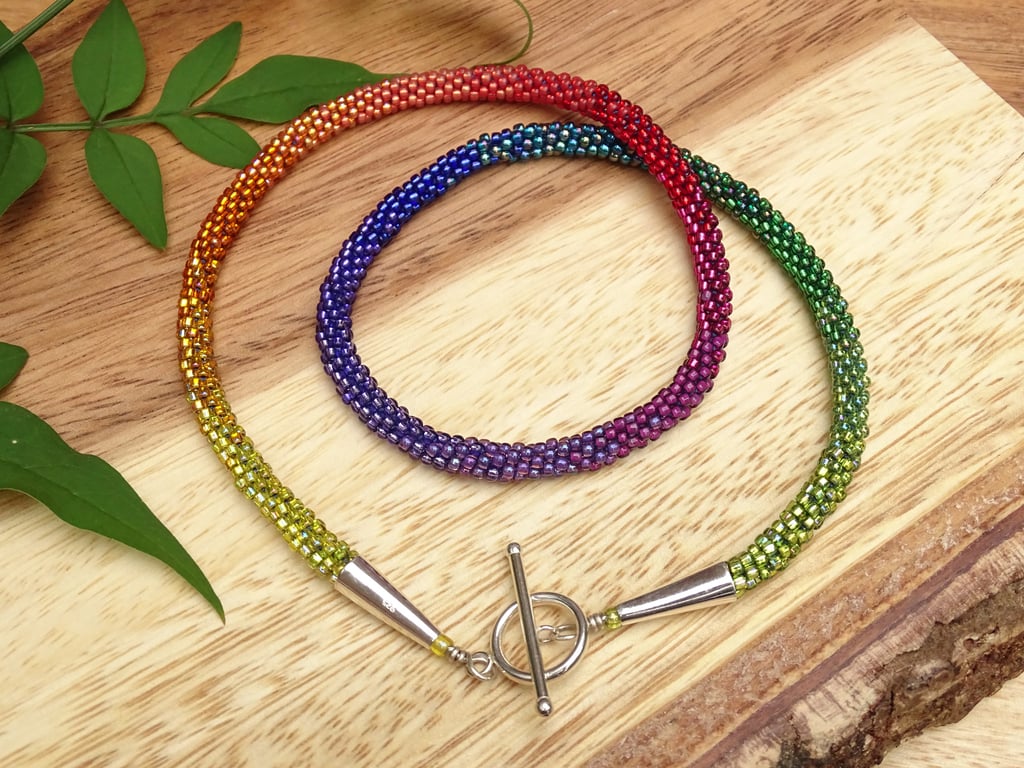 Rainbow necklace, ombré beaded rainbow jewellery, kumihimo beaded rainbow
