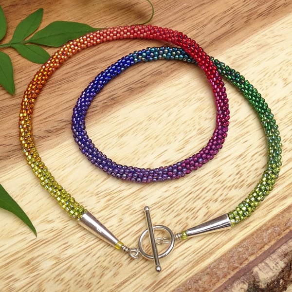 Rainbow necklace, ombré beaded rainbow jewellery, kumihimo beaded rainbow