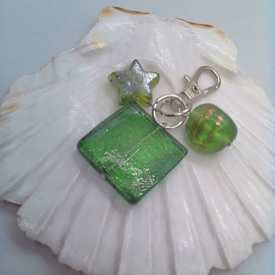 A Green Star Triangle and Square Bead Bag Charm, Gift for Her, Gift for Teacher