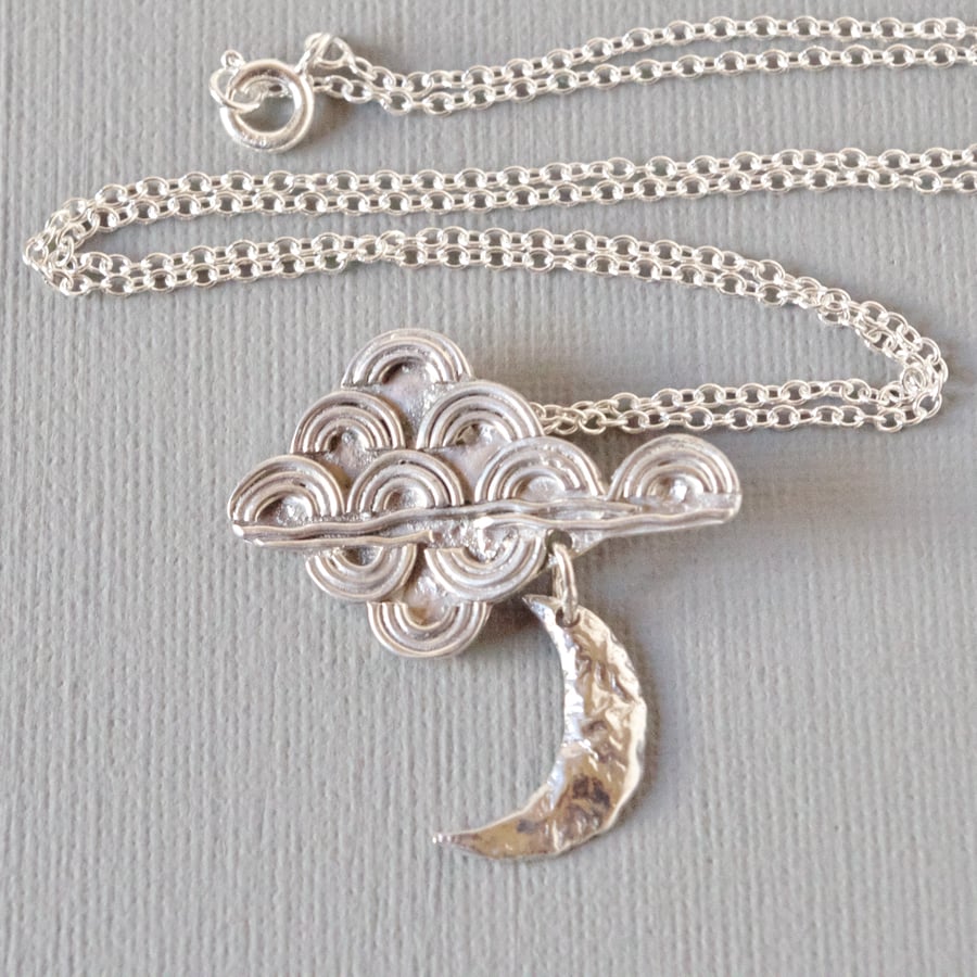 New Moon With Clouds Pendant and Chain Reticulated and Textured Sterling Silver 