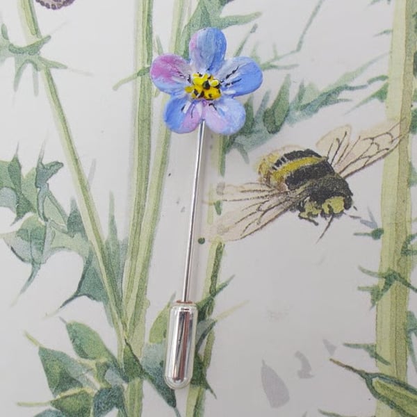 TINY Blue FORGET-ME-NOT PIN Wedding Corsage Masonic Lapel Flower HAND PAINTED