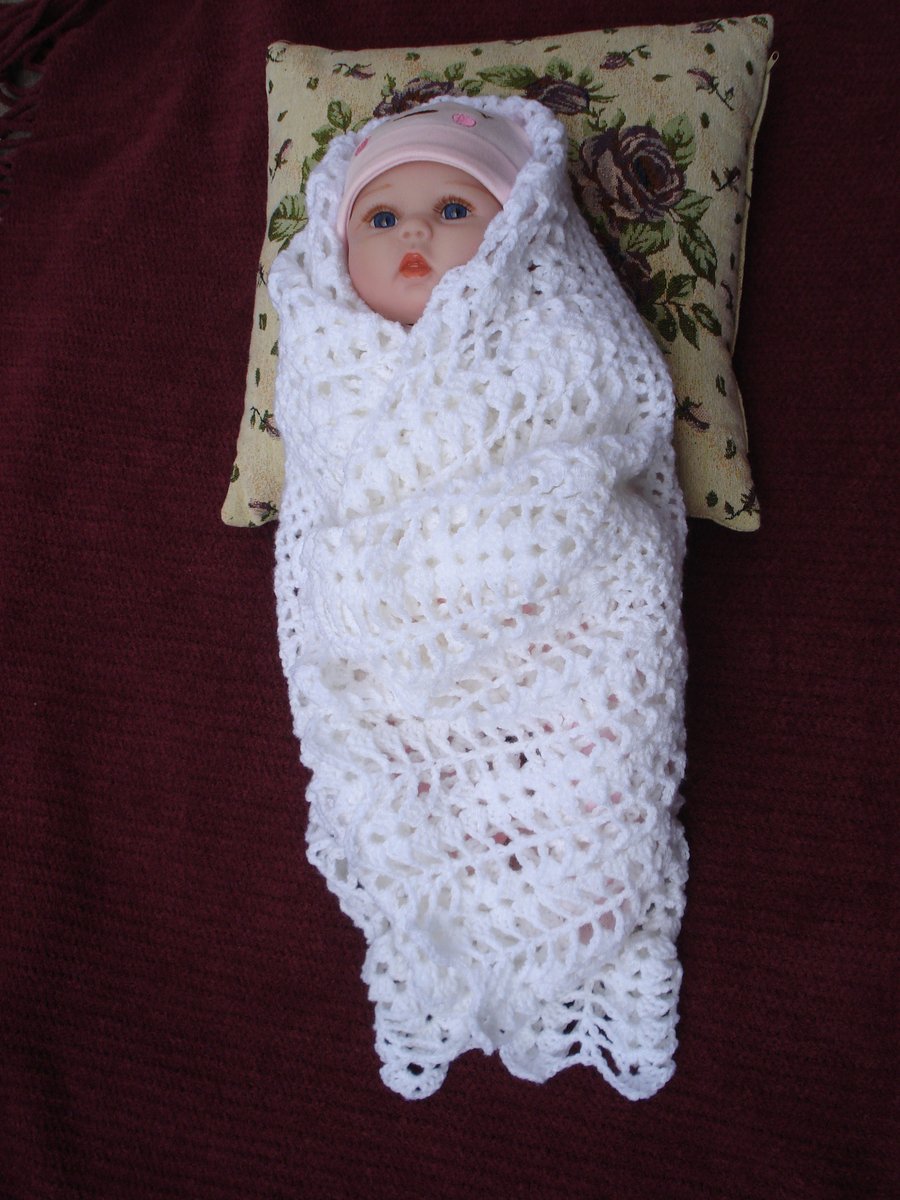 Pure White Crochet Square Shawl Blanket For Baby (R857)