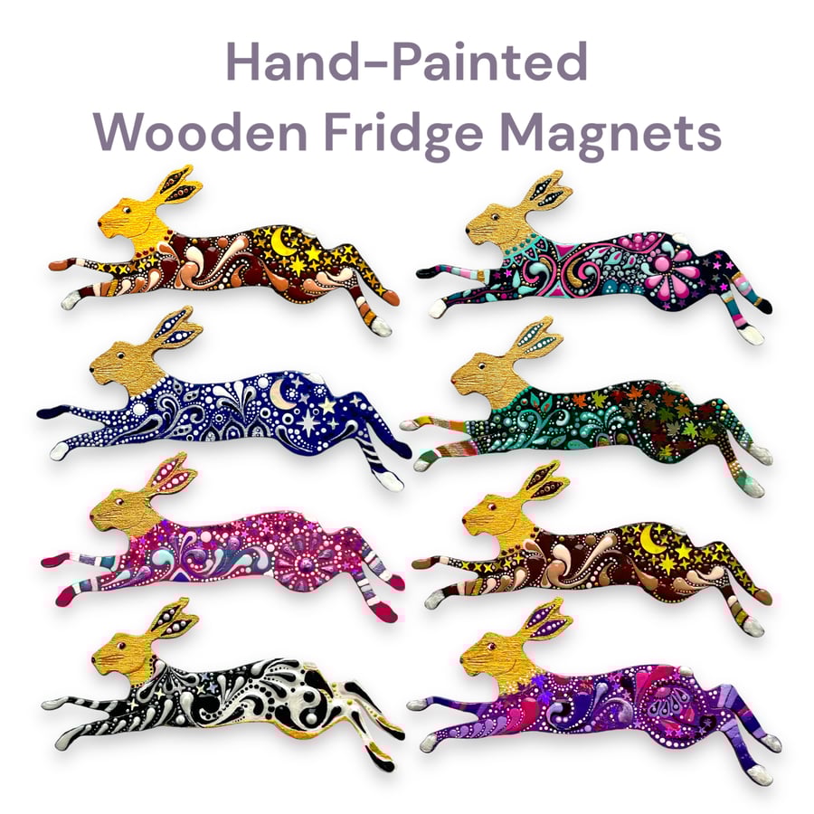 Hand-painted Wooden Running Hare Magnets