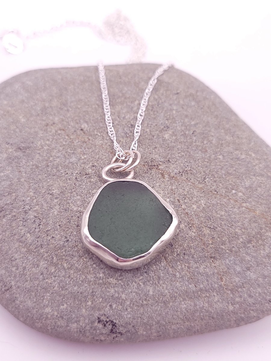 Forest Green Seaglass & Sterling Silver Pendant 
