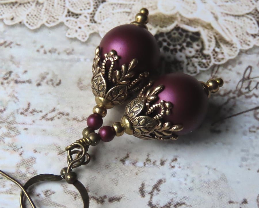 Elderberry Purple Swarovski Crystal Pearl Dangle Earrings