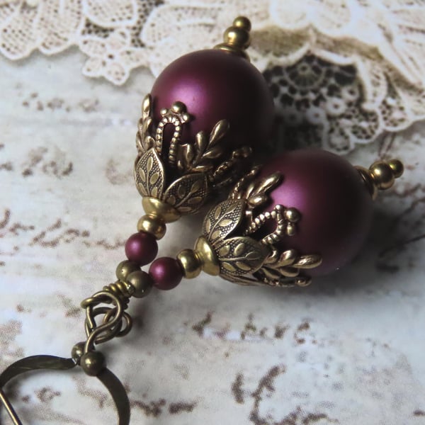 Elderberry Purple Swarovski Crystal Pearl Dangle Earrings
