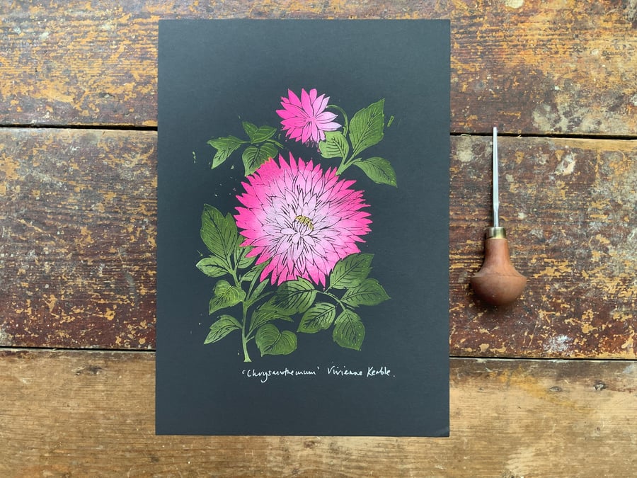 Linocut print Chrysanthemum - Handprinted - Block Print - Art Print - A4 - Wall 