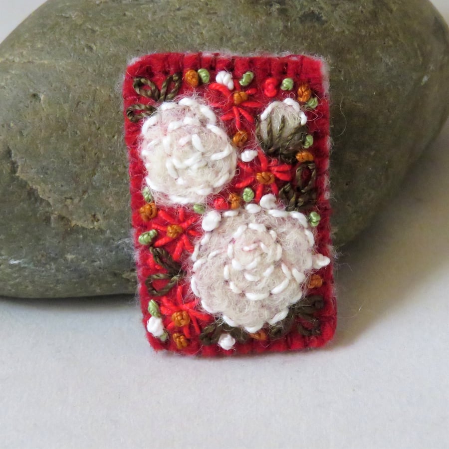 White Roses on Red Felted and Embroidered Brooch