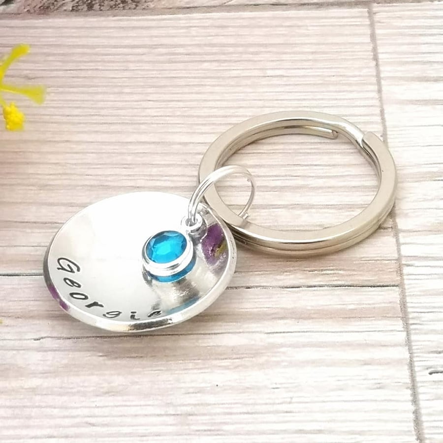 Personalised Name Keyring With Birthstone Crystal - Sister Gift - Girls Keyring