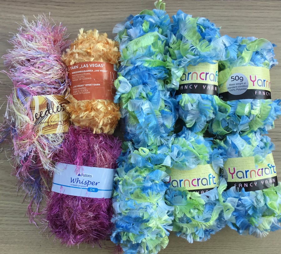 Mixed Bundle of Fancy Feathery Yarns, approx 450g in Total.