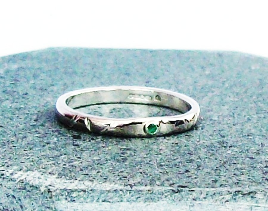 Emerald Ring Sterling Silver size N , Hallmarked decorative band ring