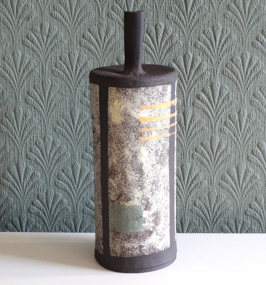 Handmade ceramic bottle art piece. Decorative abstract design, unusual unique.