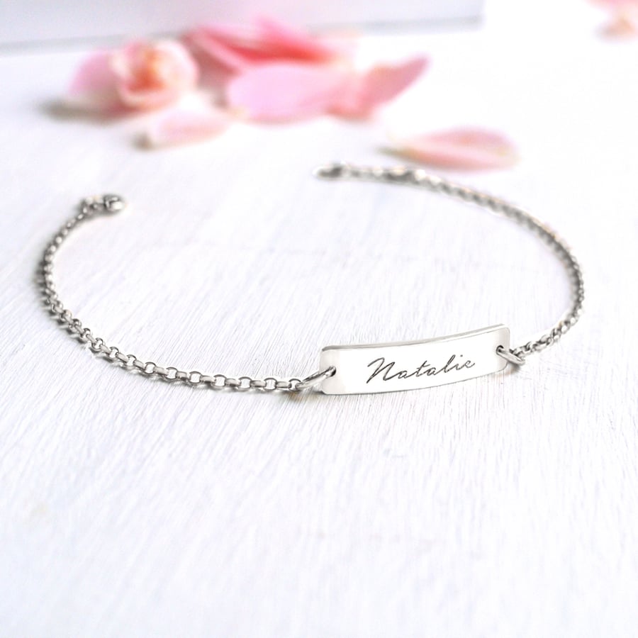 Personalised Sterling Silver Little Name Bar Script Bracelet, Valentine's gift