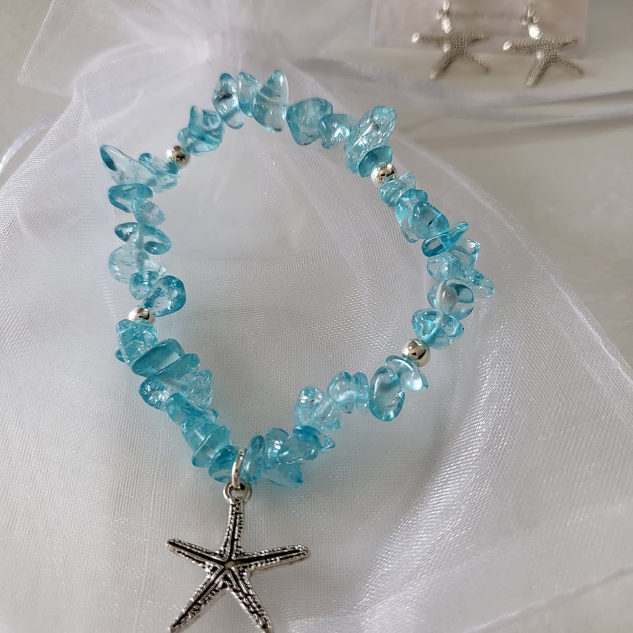 Turquoise Glass Beaded Starfish Charm Bracelet