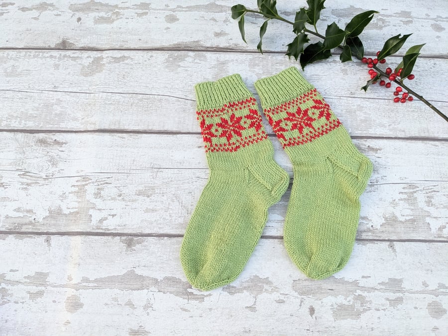 Handknit socks women's chunky merino wool, handmade light green with red 