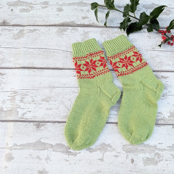 Handknit socks women's chunky merino wool, handmade light green with red 