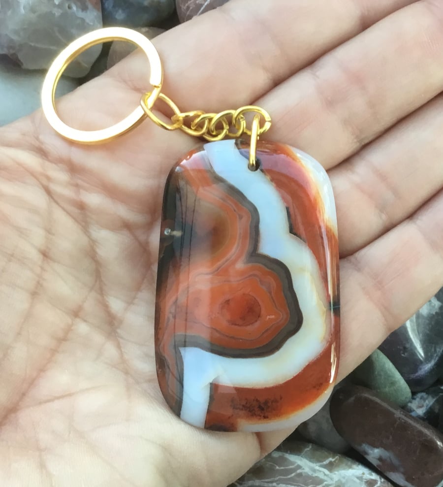Nemo!  Substantial Brightly Coloured Banded Agate Gemstone Keyring or Charm.