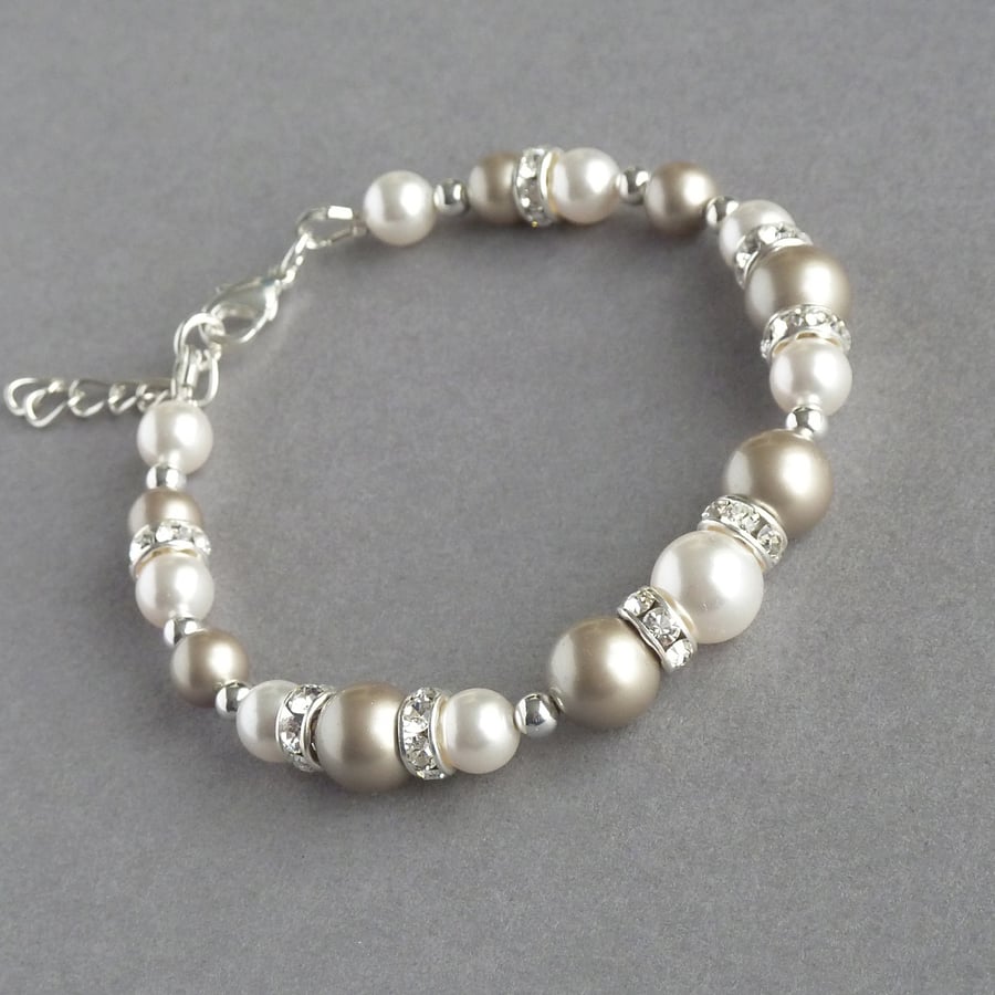 Champagne and White Pearl Bracelet - Taupe Bridesmaid Gifts - Wedding Jewellery