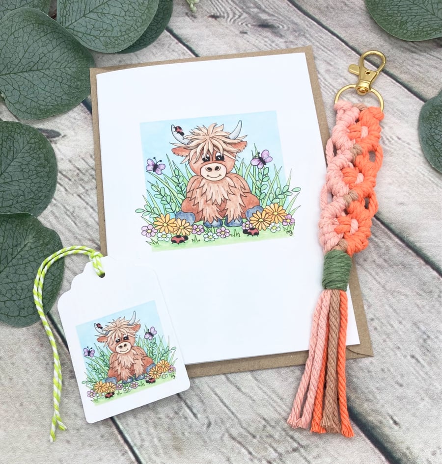 Macrame Keyring & Card Gift Set - Baby Highland Cow
